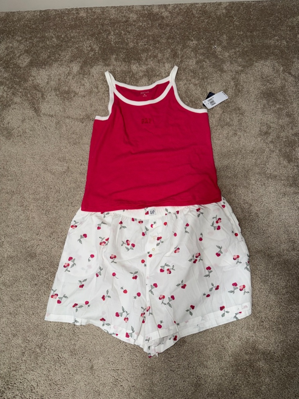 GAP Pink Tank & Cherry-Print White Shorts Pajama Set